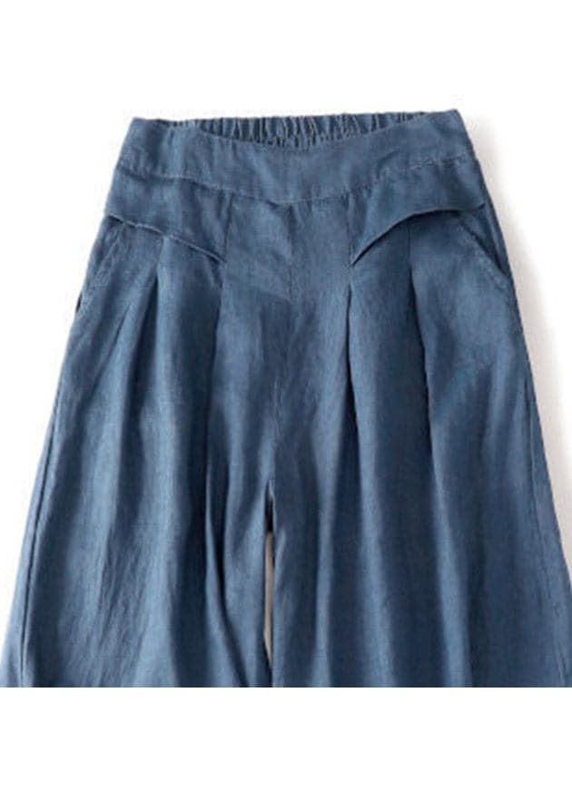 Denim Blue Linen Wide Leg Pants Pockets High Waist Summer GK-CPTS220328