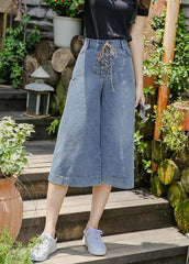 Denim Blue Pockets Cotton Wide Leg Crop Pants High Waist Cross Tie Waist Summer NZ-CPTS22060701