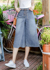 Denim Blue Pockets Cotton Wide Leg Crop Pants High Waist Cross Tie Waist Summer NZ-CPTS22060701