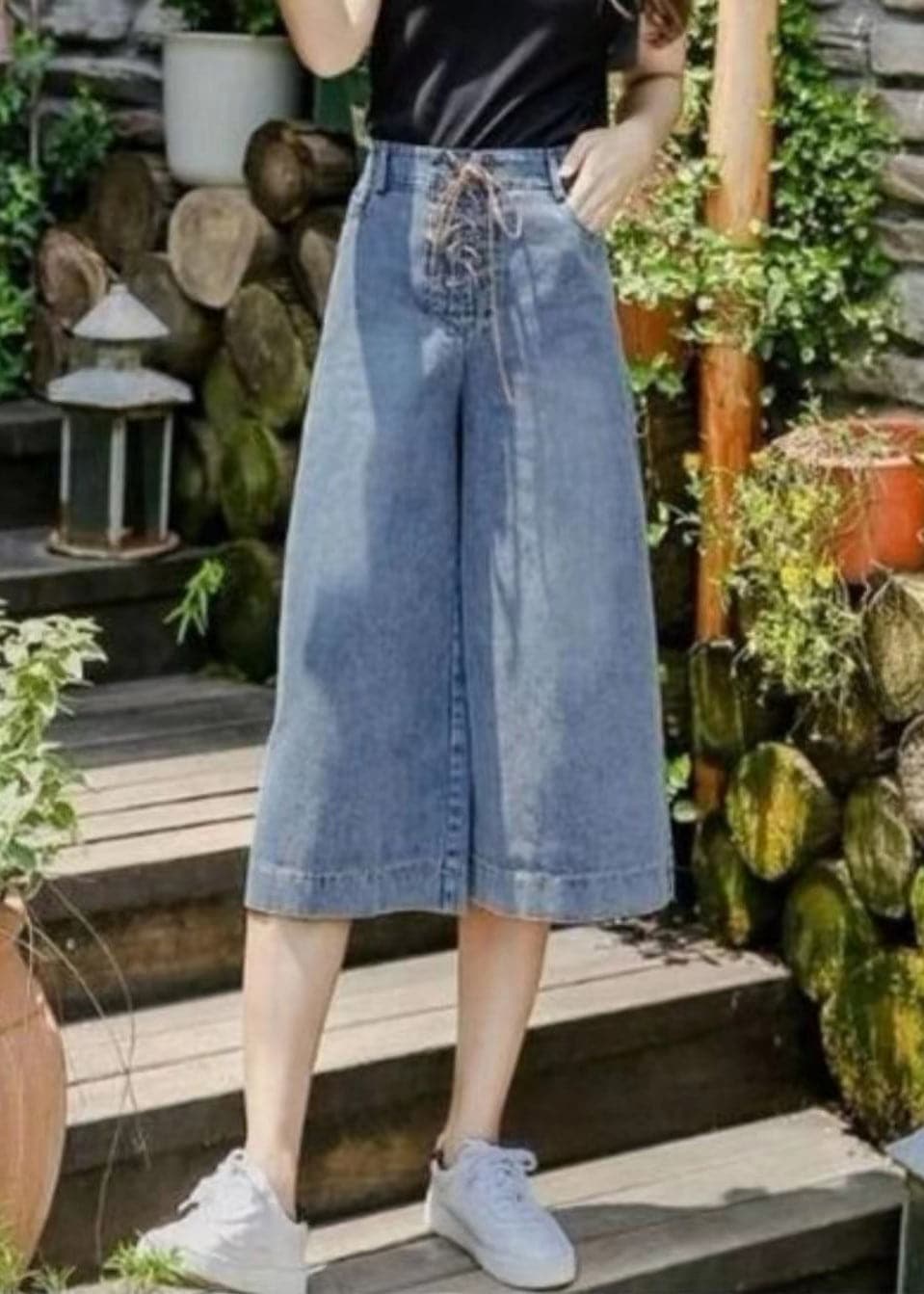 Denim Blue Pockets Cotton Wide Leg Crop Pants High Waist Cross Tie Waist Summer NZ-CPTS22060701