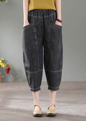 Denim Grey Patchwork Cotton Crop Pants High Waist Pockets Summer NZ-CPTS220627