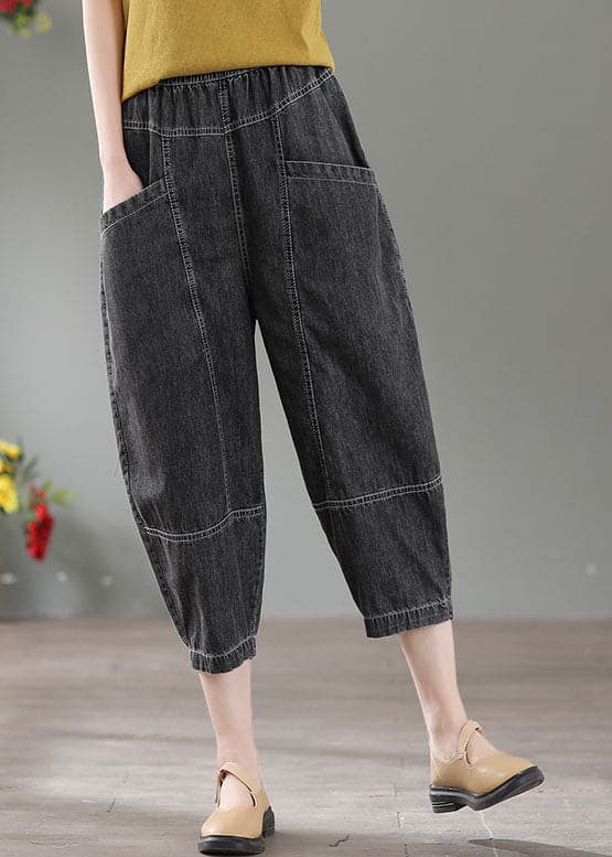 Denim Grey Patchwork Cotton Crop Pants High Waist Pockets Summer NZ-CPTS220627