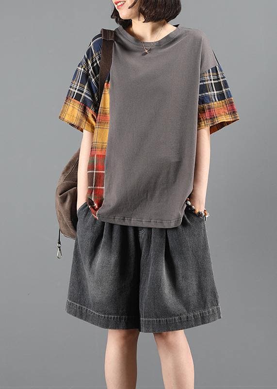 Denim shorts suit women summer loose gray plaid stitching two-piece suit SDM200802