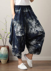 Diy Denim Blue Elastic Waist Cotton Linen Summer Harem Pants PY-LPTS210429