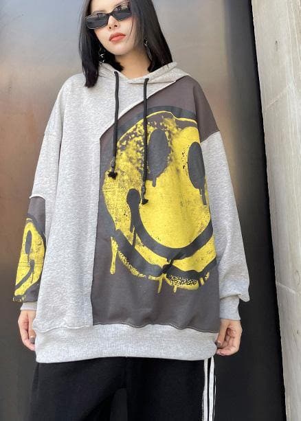 Diy Hooded Patchwork Spring Clothes For Women Shirts Gray Print Tops AT-LTP210127