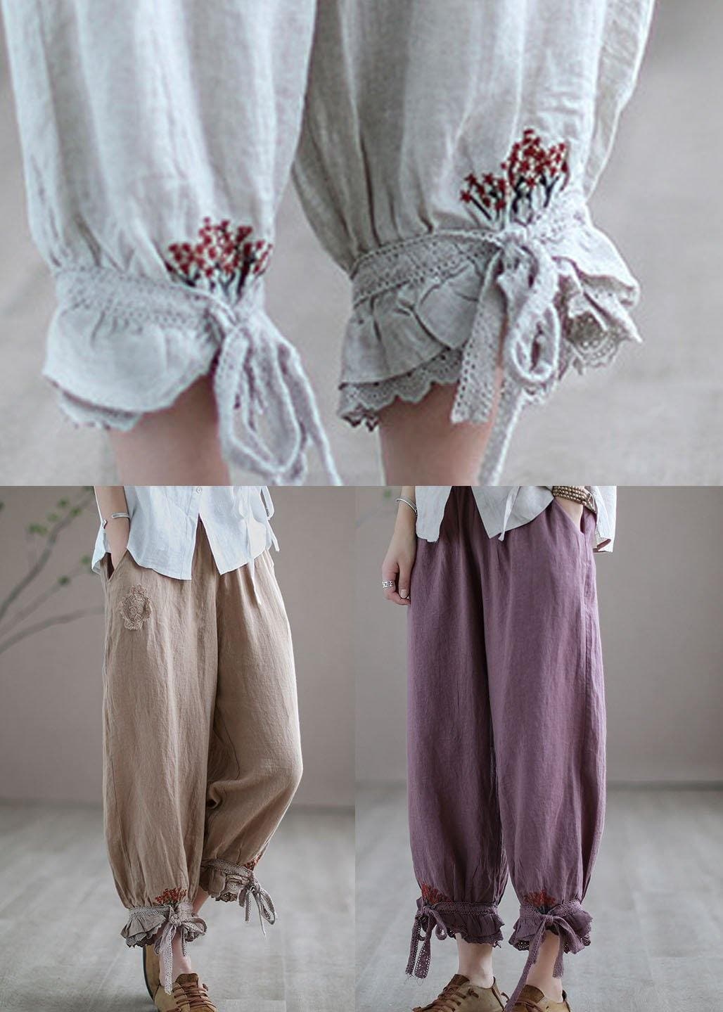 Diy Purple Casual Embroideried Summer Harem Linen Pants GK-LPTS210810