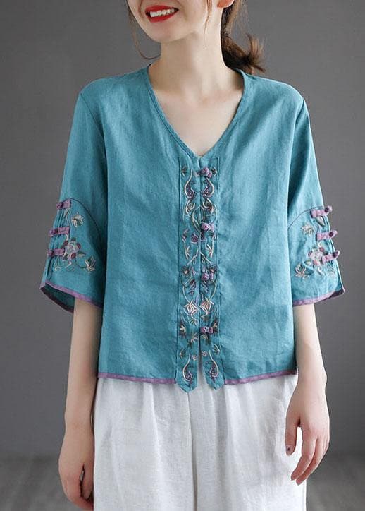 Diy White Button Embroideried Summer Linen Half Sleeve Shirt Top GK-HTP210810