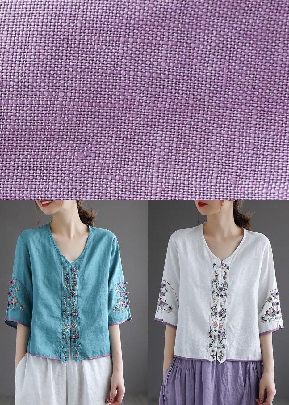 Diy White Button Embroideried Summer Linen Half Sleeve Shirt Top GK-HTP210810