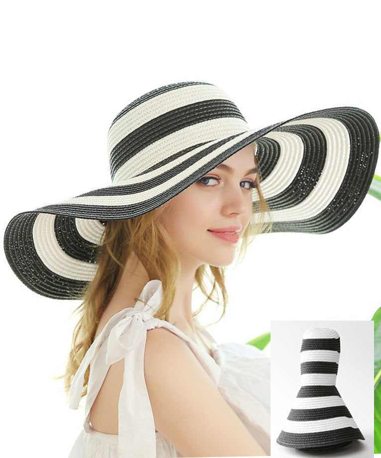 Elegant Black White Striped Straw Woven Holiday Floppy Sun Hat dylinoshop