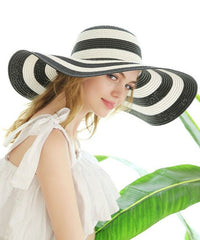 Elegant Black White Striped Straw Woven Holiday Floppy Sun Hat dylinoshop