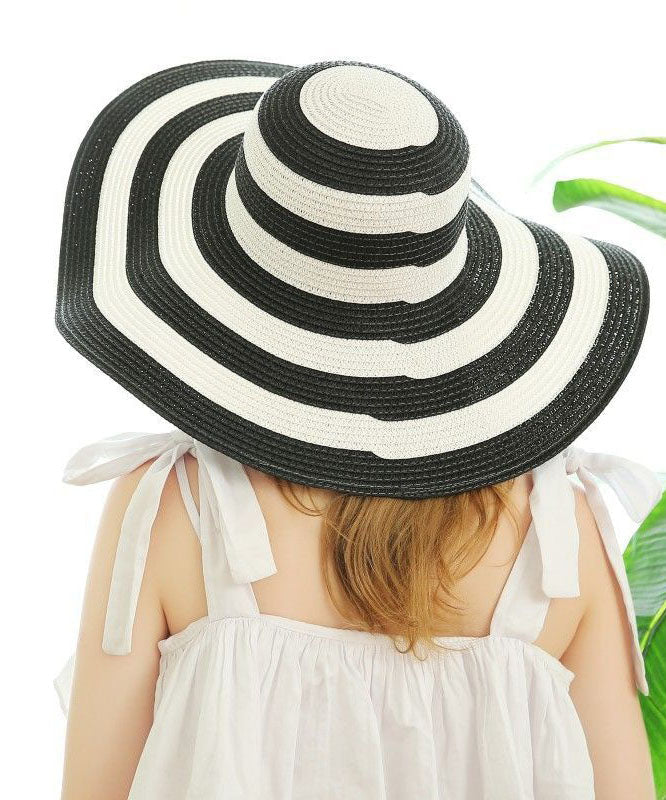 Elegant Black White Striped Straw Woven Holiday Floppy Sun Hat dylinoshop