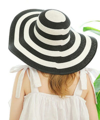 Elegant Black White Striped Straw Woven Holiday Floppy Sun Hat dylinoshop