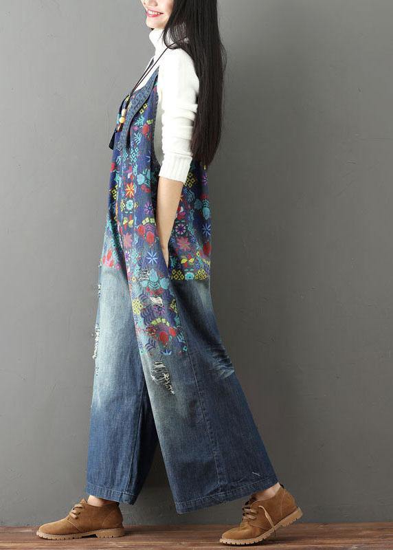 Elegant Blue Casual Print Wide Leg Fall Romper Denim dylinoshop