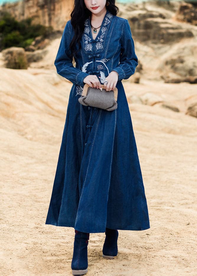 Elegant Blue V Neck Embroideried button Cotton Denim Long Dresses Long Sleeve nz-FDL220304