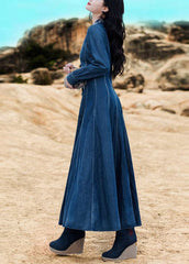 Elegant Blue V Neck Embroideried button Cotton Denim Long Dresses Long Sleeve nz-FDL220304