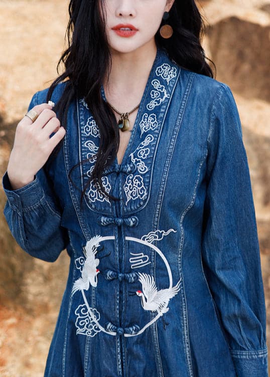 Elegant Blue V Neck Embroideried button Cotton Denim Long Dresses Long Sleeve nz-FDL220304