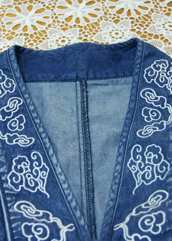 Elegant Blue V Neck Embroideried button Cotton Denim Long Dresses Long Sleeve nz-FDL220304