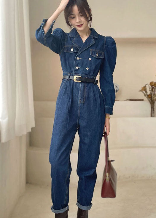 Elegant Dark Blue Puff Sleeve denim Jumpsuit Spring dylinoshop