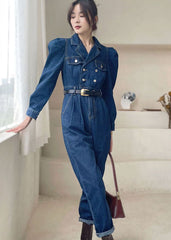 Elegant Dark Blue Puff Sleeve denim Jumpsuit Spring dylinoshop