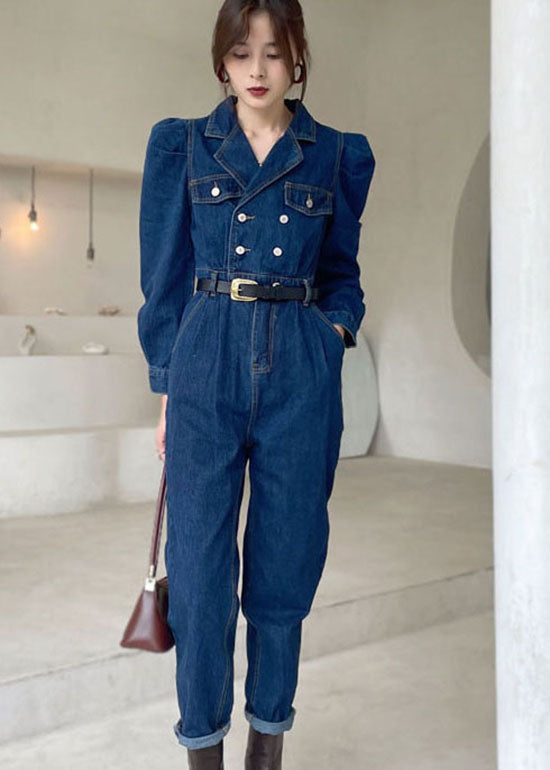 Elegant Dark Blue Puff Sleeve denim Jumpsuit Spring dylinoshop