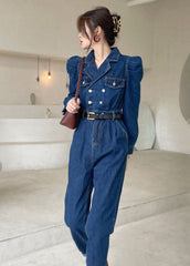 Elegant Dark Blue Puff Sleeve denim Jumpsuit Spring dylinoshop