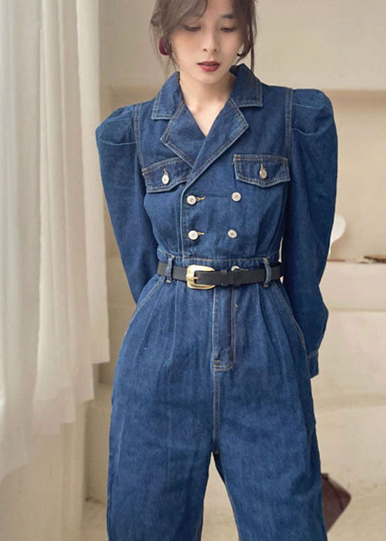 Elegant Dark Blue Puff Sleeve denim Jumpsuit Spring dylinoshop