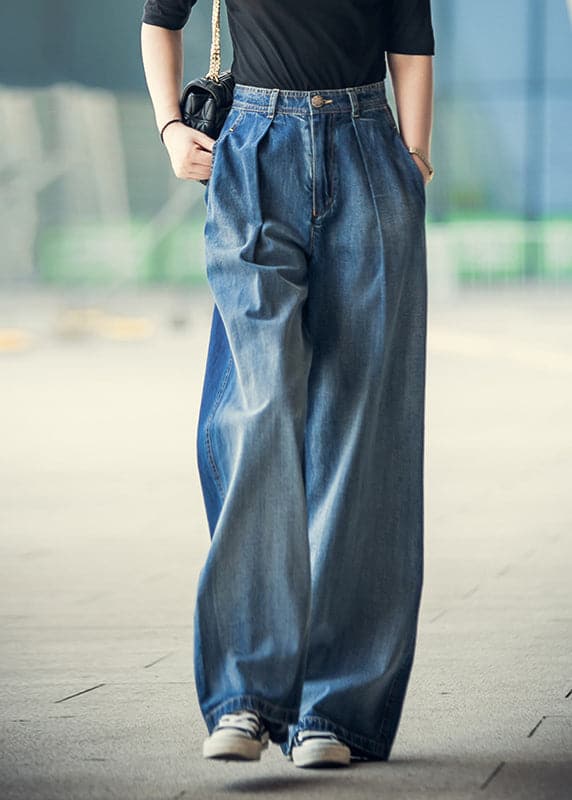 Elegant Denim Blue High Waist Pockets Button Cotton Loose Wide Leg Pants Spring NZ-LPTS22060701