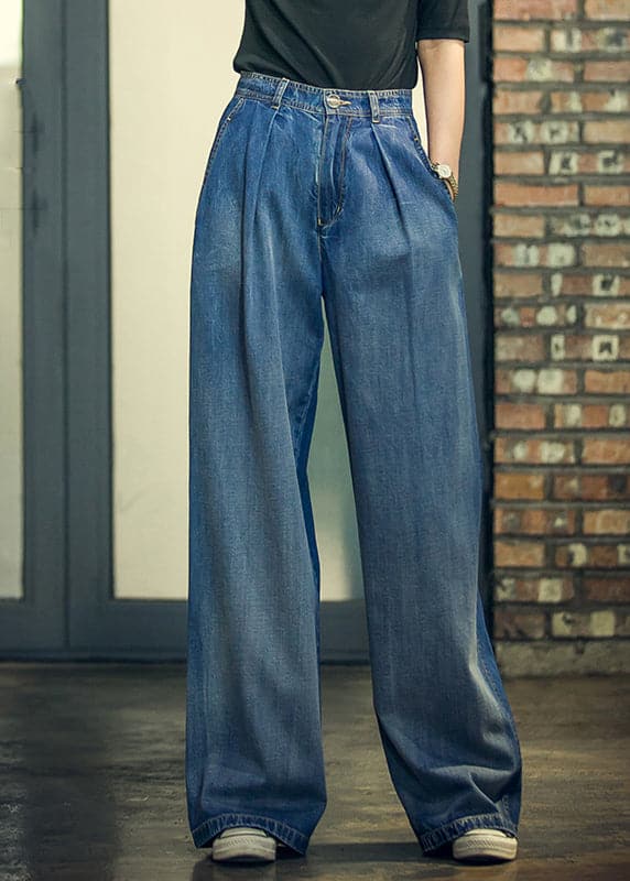 Elegant Denim Blue High Waist Pockets Button Cotton Loose Wide Leg Pants Spring NZ-LPTS22060701