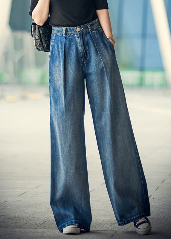 Elegant Denim Blue High Waist Pockets Button Cotton Loose Wide Leg Pants Spring NZ-LPTS22060701