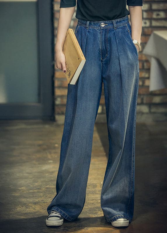 Elegant Denim Blue High Waist Pockets Button Cotton Loose Wide Leg Pants Spring NZ-LPTS22060701