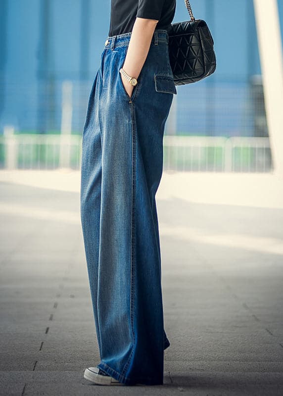 Elegant Denim Blue High Waist Pockets Button Cotton Loose Wide Leg Pants Spring NZ-LPTS22060701