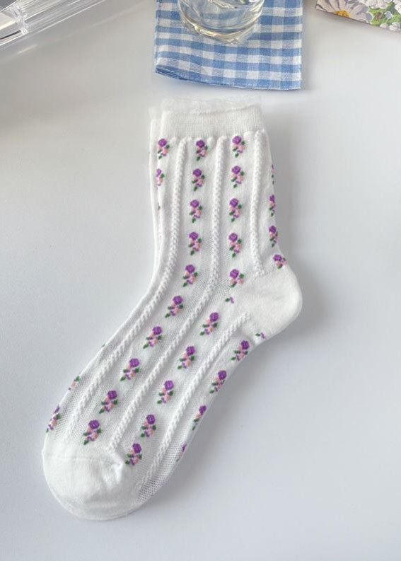 Elegant Floral Jacquard Cotton Mid Calf Socks dylinoshop