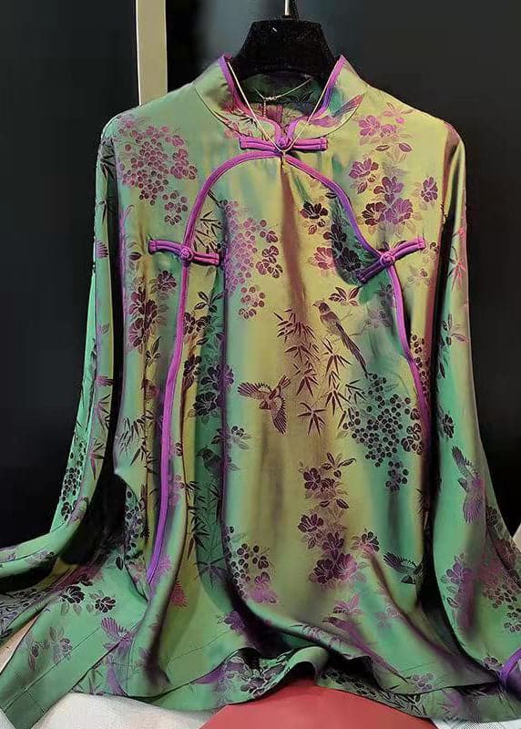 Elegant Green Stand Collar Patchwork Jacquard side open Silk Shirts Long Sleeved ZS-LTP220317