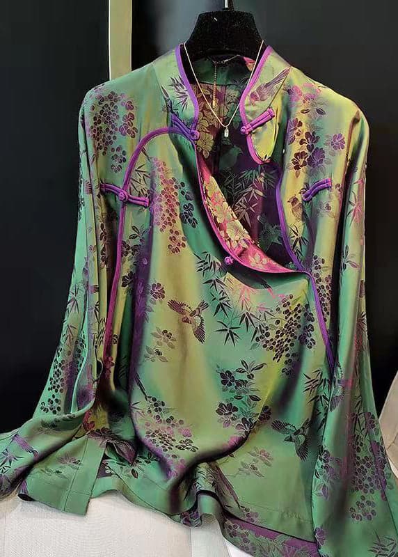 Elegant Green Stand Collar Patchwork Jacquard side open Silk Shirts Long Sleeved ZS-LTP220317