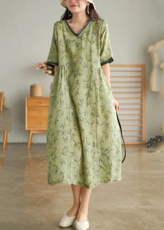 Elegant Green Wrinkled V Neck Patchwork Cotton Long Dress Short Sleeve GK-SDL220418