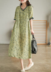 Elegant Green Wrinkled V Neck Patchwork Cotton Long Dress Short Sleeve GK-SDL220418