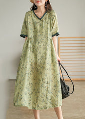 Elegant Green Wrinkled V Neck Patchwork Cotton Long Dress Short Sleeve GK-SDL220418