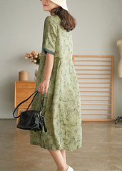 Elegant Green Wrinkled V Neck Patchwork Cotton Long Dress Short Sleeve GK-SDL220418