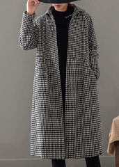 Elegant Iapel Pockets Fine Clothes For Women Black Plaid Tunic Coat TCT210101