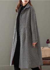 Elegant Iapel Pockets Fine Clothes For Women Black Plaid Tunic Coat TCT210101