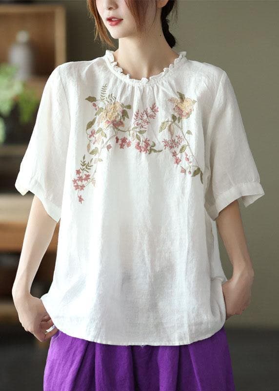 Elegant Navy Ruffled Embroideried Summer Linen Shirt GK-HTP210721