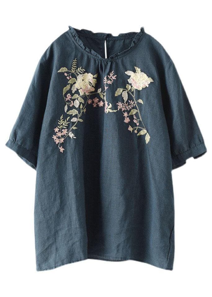 Elegant Navy Ruffled Embroideried Summer Linen Shirt GK-HTP210721