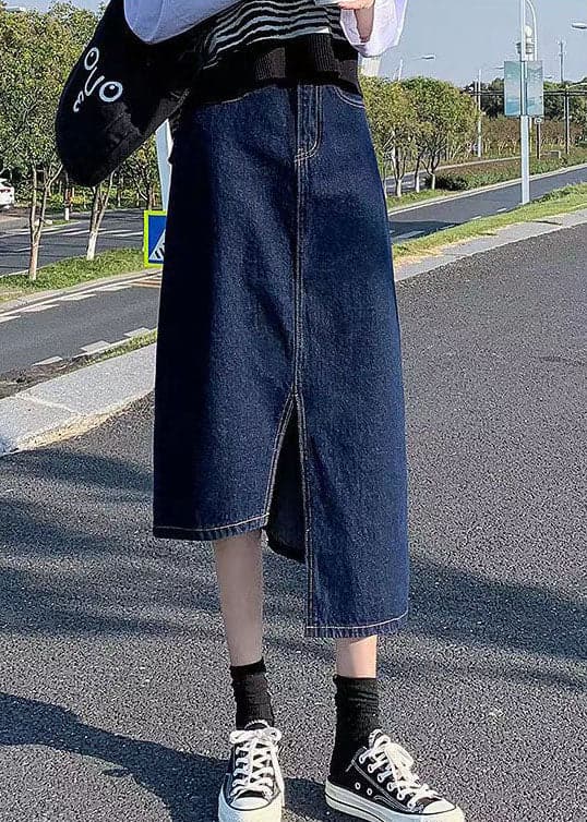 Elegant Navy Side Open Asymmetrical Pocket Cotton Denim Wraped Skirts Summer nz-SKTS220524