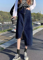 Elegant Navy Side Open Asymmetrical Pocket Cotton Denim Wraped Skirts Summer nz-SKTS220524