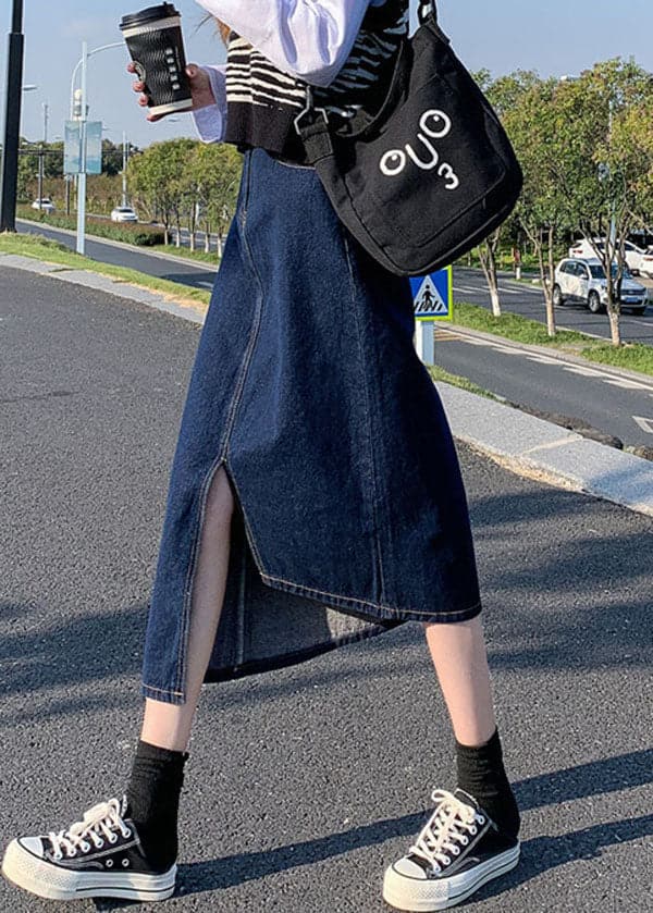 Elegant Navy Side Open Asymmetrical Pocket Cotton Denim Wraped Skirts Summer nz-SKTS220524