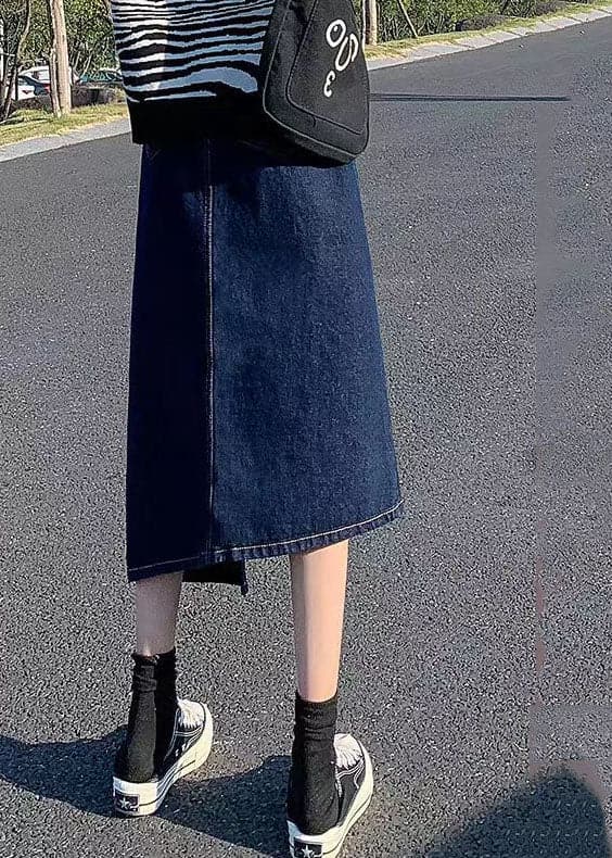 Elegant Navy Side Open Asymmetrical Pocket Cotton Denim Wraped Skirts Summer nz-SKTS220524