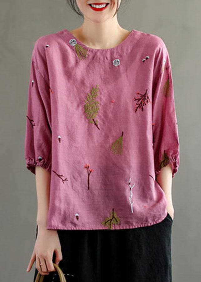 Elegant Pink O-Neck Embroideried Summer Linen Blouses GK-HTP210715