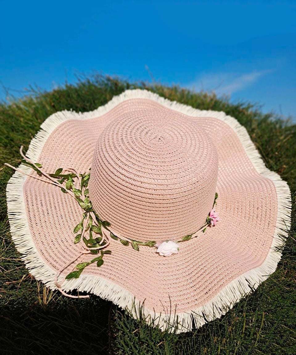 Elegant Pink Straw Woven Beach Floppy Sun Hat dylinoshop