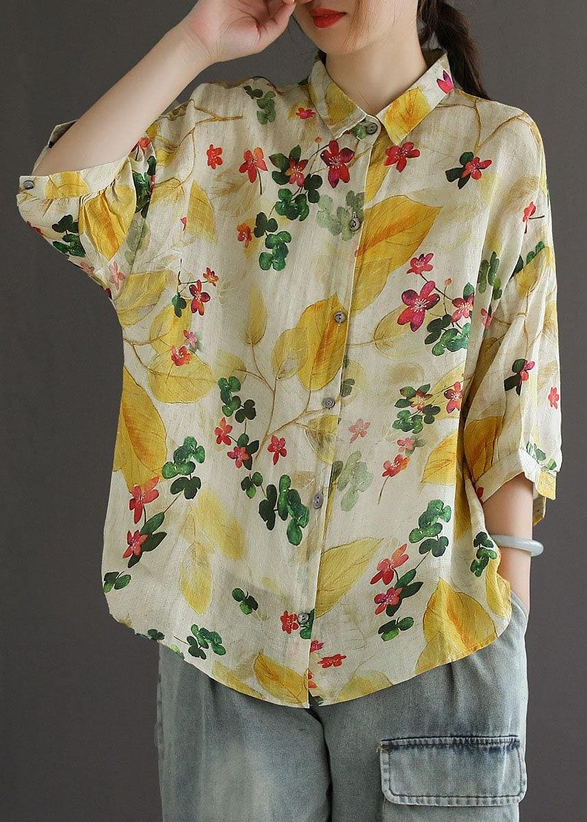 Elegant Print Peter Pan Collar Button Summer Linen Top Three Quarter Sleeve GK-HTP210810