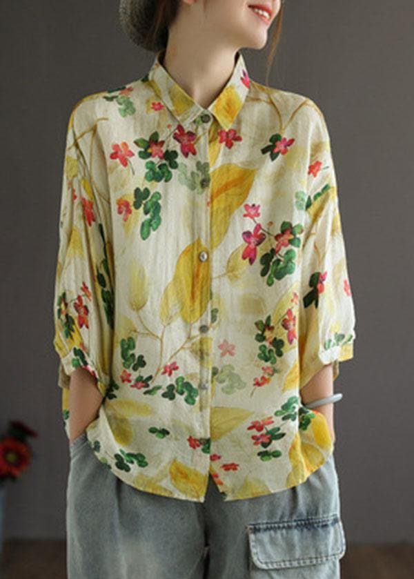 Elegant Print Peter Pan Collar Button Summer Linen Top Three Quarter Sleeve GK-HTP210810